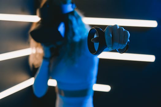 A woman is immersed in virtual reality gaming, holding a VR controller in one hand.