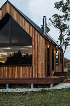 Stylish wooden cabin surrounded by nature during sunset, showcasing modern architecture.