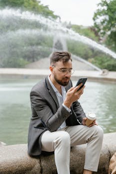 Man in gray blazer using cellphone by a fountain, holding coffee.