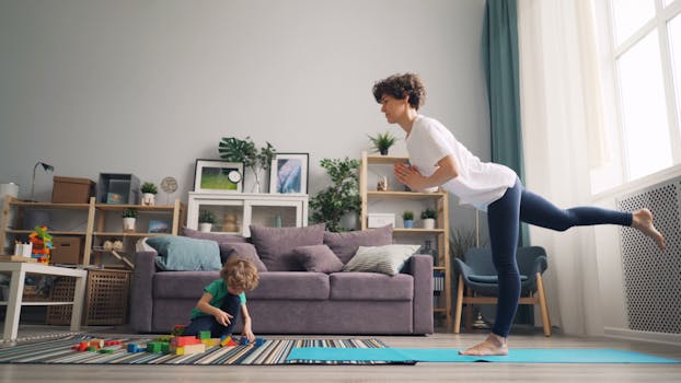 A mother practices yoga while her son plays with blocks in a cozy living room.