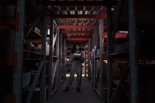 Warehouse worker standing tall among industrial shelves, holding a clipboard in dim lighting.